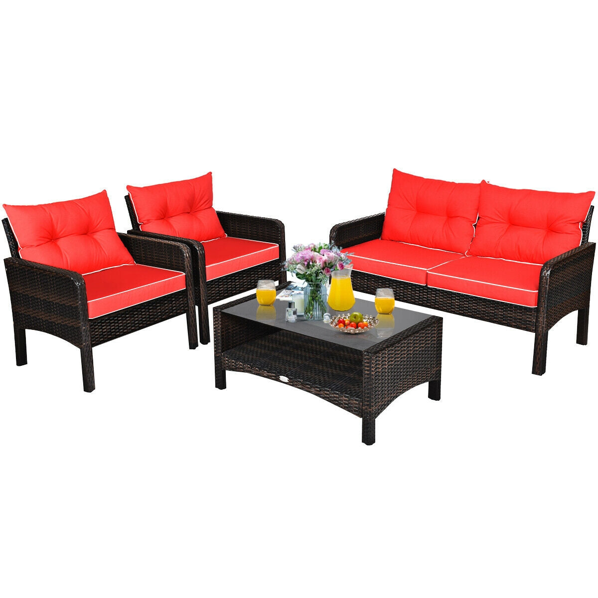 4 Pcs Outdoor Rattan Wicker Loveseat Furniture Set with Cushions, Red Patio Furniture Sets at Gallery Canada