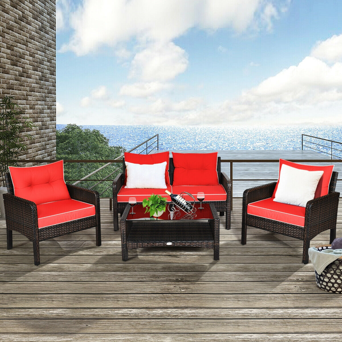 4 Pcs Outdoor Rattan Wicker Loveseat Furniture Set with Cushions, Red Patio Furniture Sets at Gallery Canada