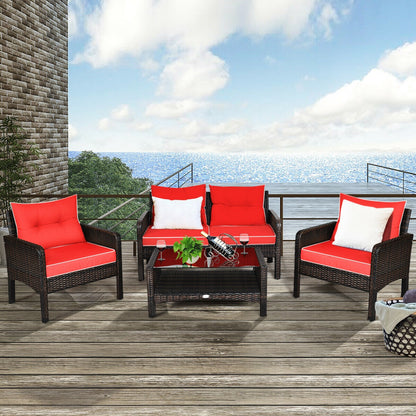 4 Pcs Outdoor Rattan Wicker Loveseat Furniture Set with Cushions, Red Patio Furniture Sets at Gallery Canada