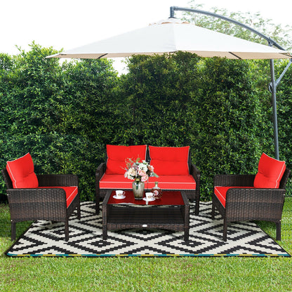 4 Pcs Outdoor Rattan Wicker Loveseat Furniture Set with Cushions, Red Patio Furniture Sets at Gallery Canada