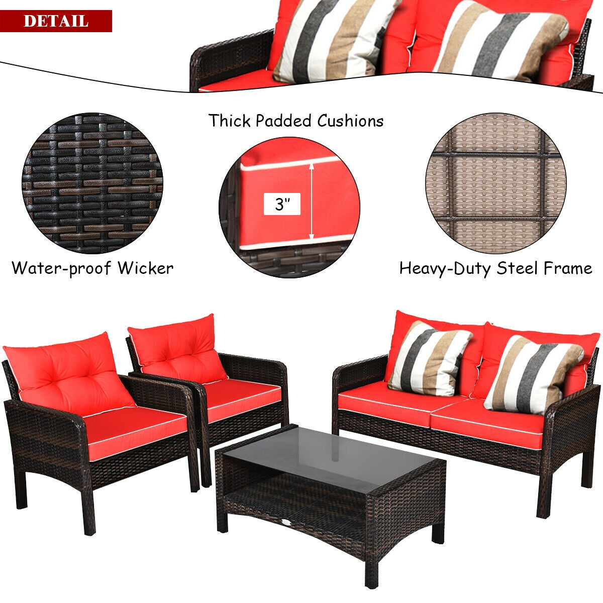4 Pcs Outdoor Rattan Wicker Loveseat Furniture Set with Cushions, Red Patio Furniture Sets at Gallery Canada