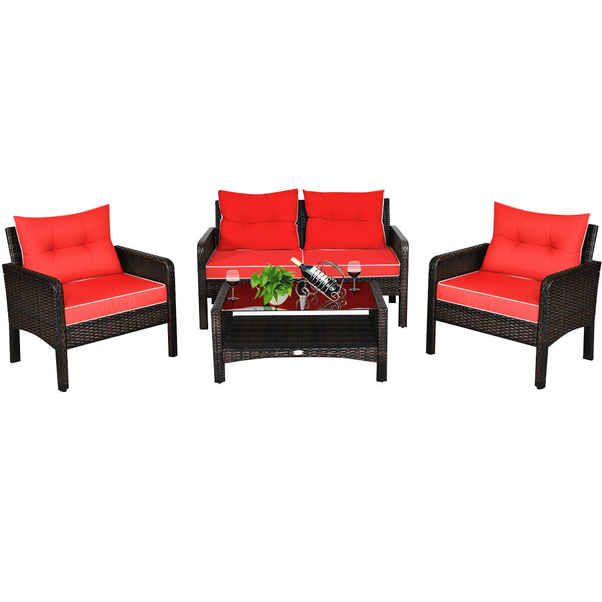 4 Pcs Outdoor Rattan Wicker Loveseat Furniture Set with Cushions, Red Patio Furniture Sets at Gallery Canada