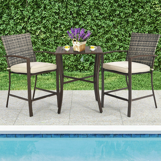 3 Pieces Rattan Bar Furniture Set with Slat Table and 2 Cushioned Stools, Brown - Gallery Canada
