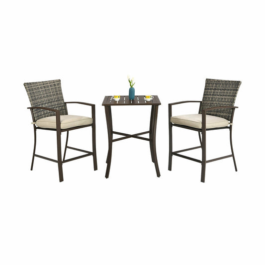 3 Pieces Rattan Bar Furniture Set with Slat Table and 2 Cushioned Stools, Brown - Gallery Canada