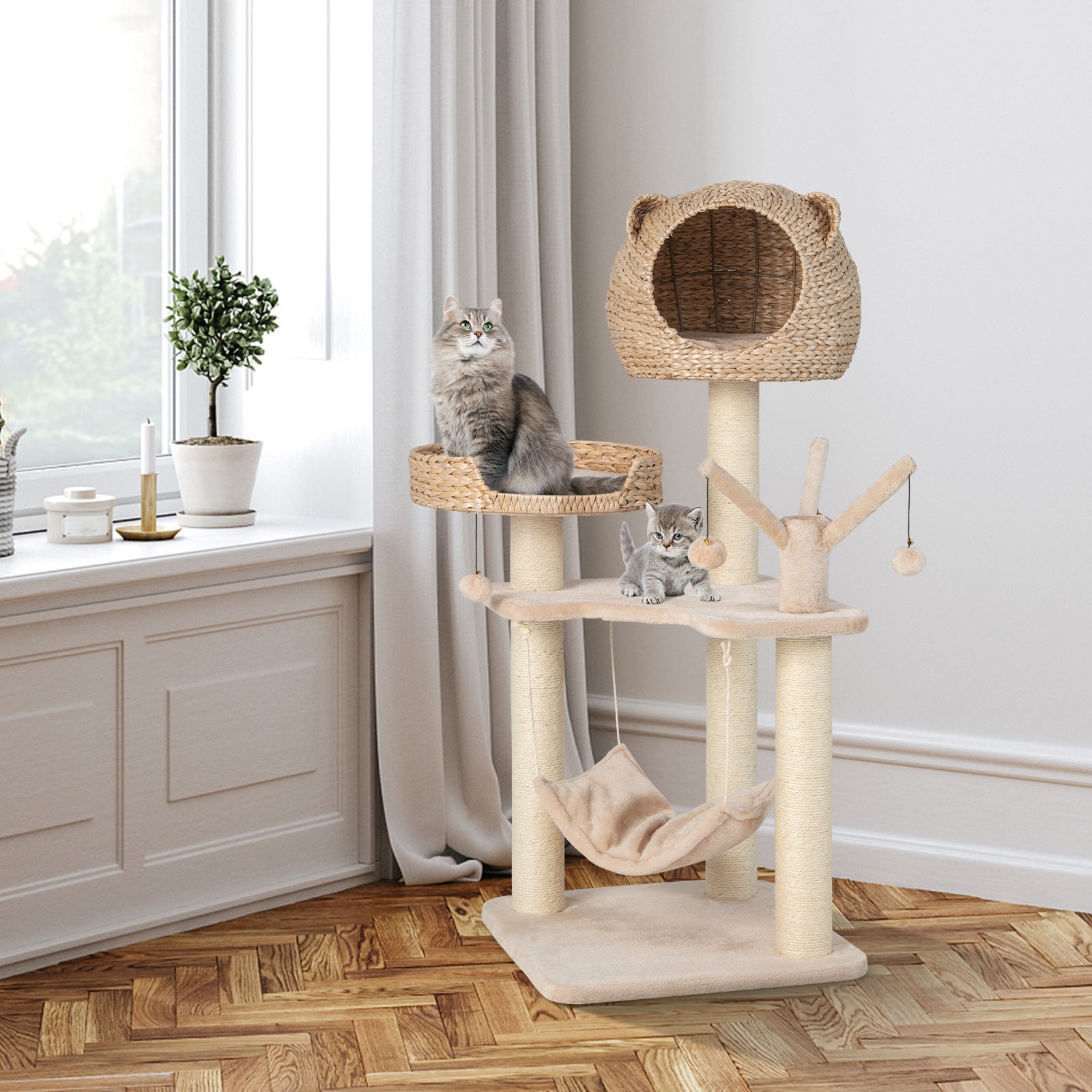 Multi-Level Cat Tree with Condo Hammock and Rotatable Hanging Balls, Natural Cat Trees Condos & Scratchers at Gallery Canada