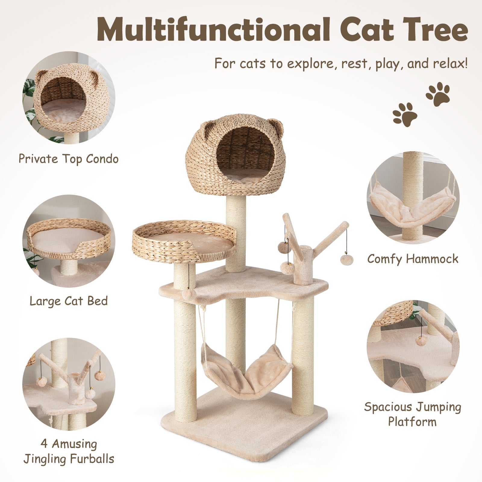 Multi-Level Cat Tree with Condo Hammock and Rotatable Hanging Balls, Natural Cat Trees Condos & Scratchers at Gallery Canada