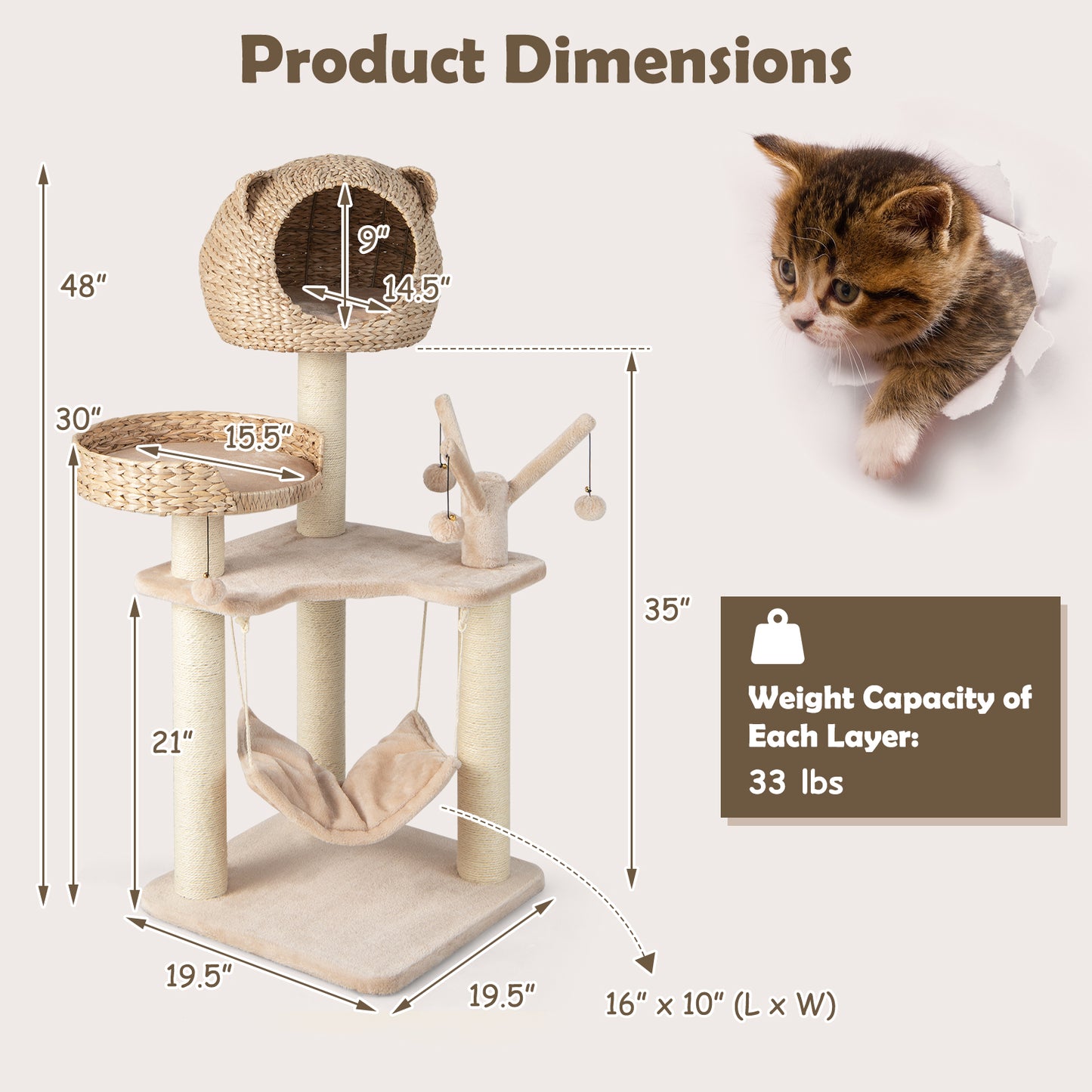 Multi-Level Cat Tree with Condo Hammock and Rotatable Hanging Balls, Natural Cat Trees Condos & Scratchers at Gallery Canada