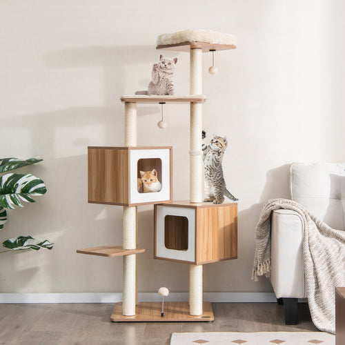 Modern Wooden Cat Tree with Perch Condos and Washable Cushions, Natural