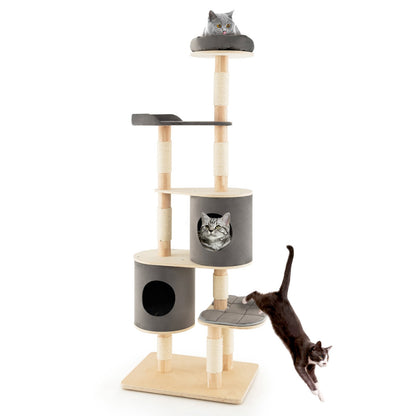 6-Tier Wooden Cat Tree with 2 Removeable Condos Platforms and Perch, Gray - Gallery Canada