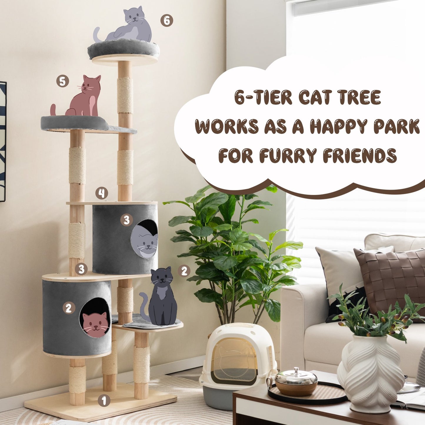 6-Tier Wooden Cat Tree with 2 Removeable Condos Platforms and Perch, Gray - Gallery Canada