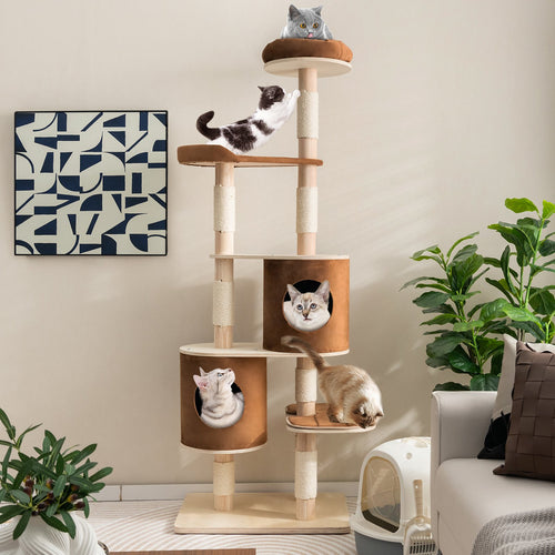6-Tier Wooden Cat Tree with 2 Removeable Condos Platforms and Perch, Brown
