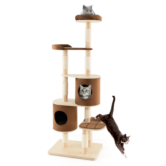 6-Tier Wooden Cat Tree, 2 Removable Condos, Platforms, Perch, Brown Cat Trees Condos & Scratchers Brown at Gallery Canada