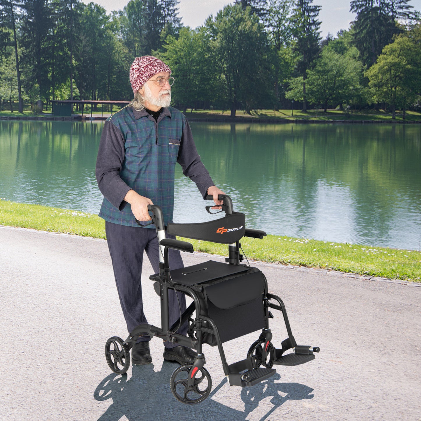 Folding Rollator Walker with Seat and Wheels Supports up to 300 lbs, Black Walkers & Rollators at Gallery Canada