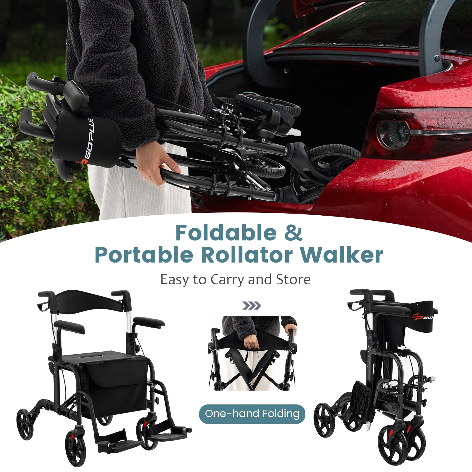 Folding Rollator Walker with Seat and Wheels Supports up to 300 lbs, Black Walkers & Rollators at Gallery Canada