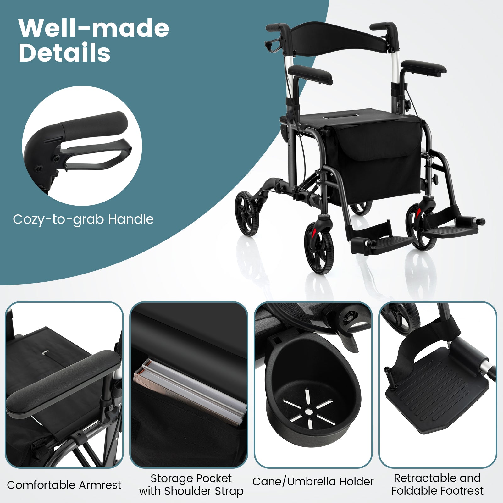 Folding Rollator Walker with Seat and Wheels Supports up to 300 lbs, Black Walkers & Rollators at Gallery Canada