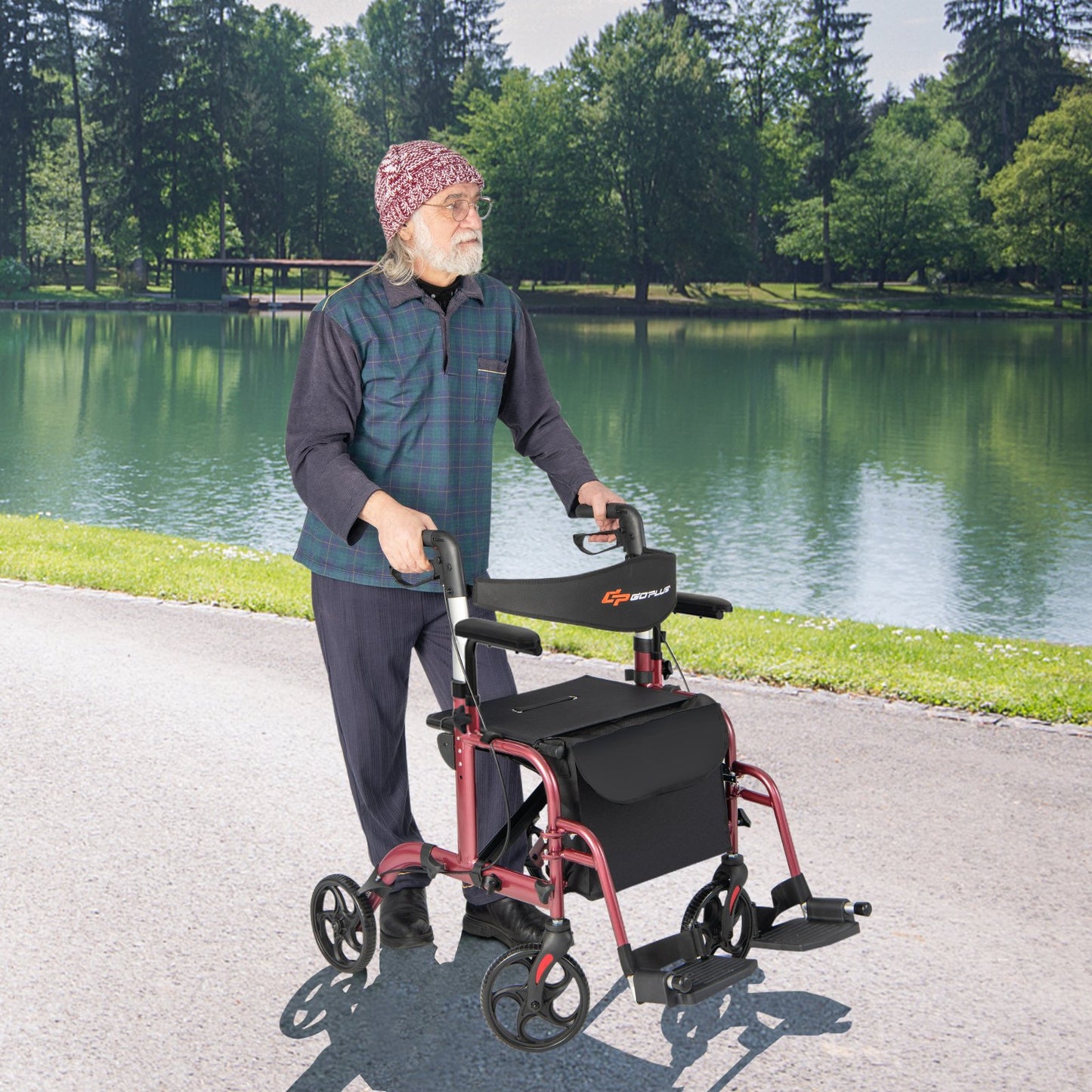Folding Rollator Walker with Seat and Wheels Supports up to 300 lbs, Red