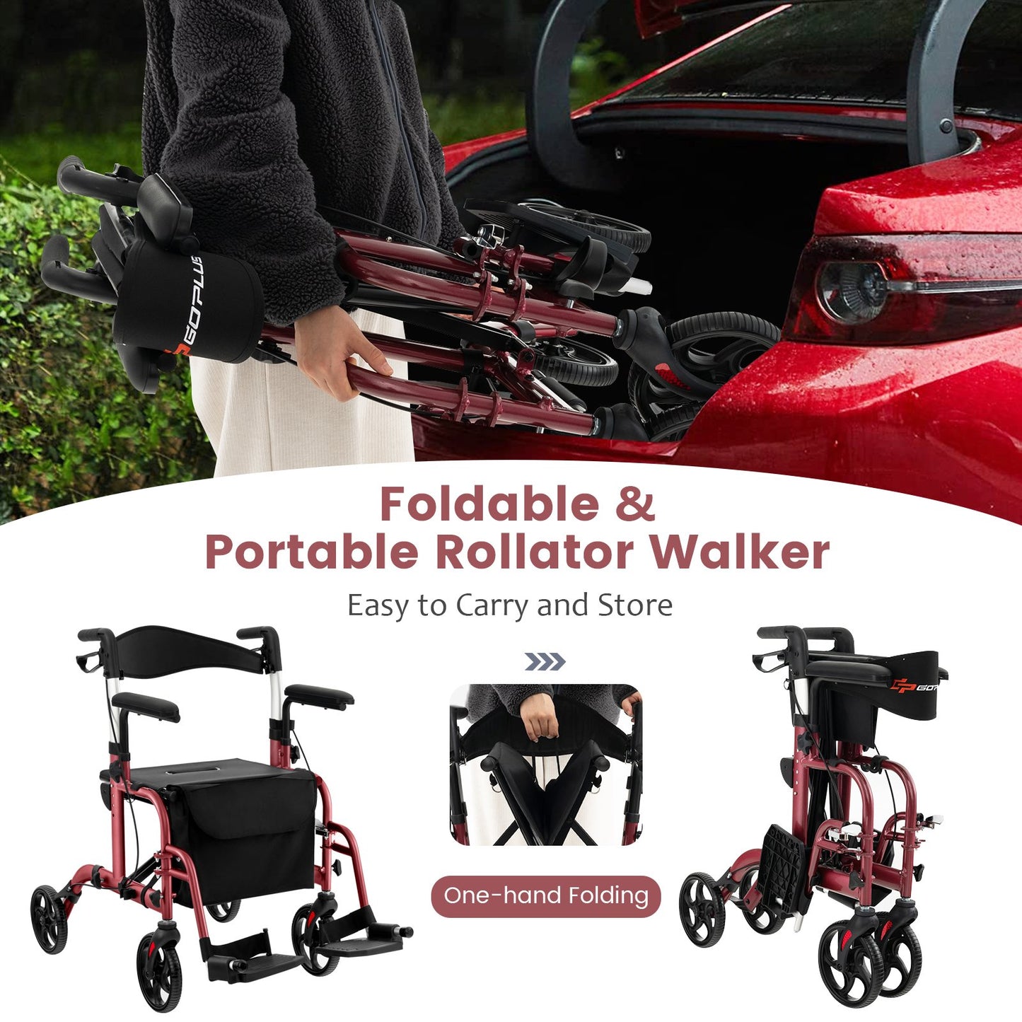 Folding Rollator Walker with Seat and Wheels Supports up to 300 lbs, Red at Gallery Canada