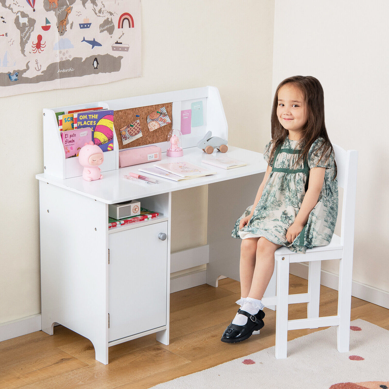 Wooden Kids Study Desk and Chair Set with Storage Cabinet and Bulletin Board - Gallery View 2 of 10