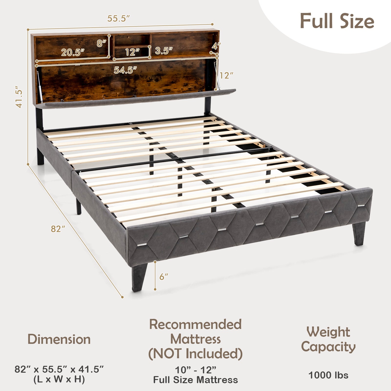 Full/Queen Size Upholstered Bed Frame with Storage Headboard-Full Size, Gray Simple Bed Frame at Gallery Canada