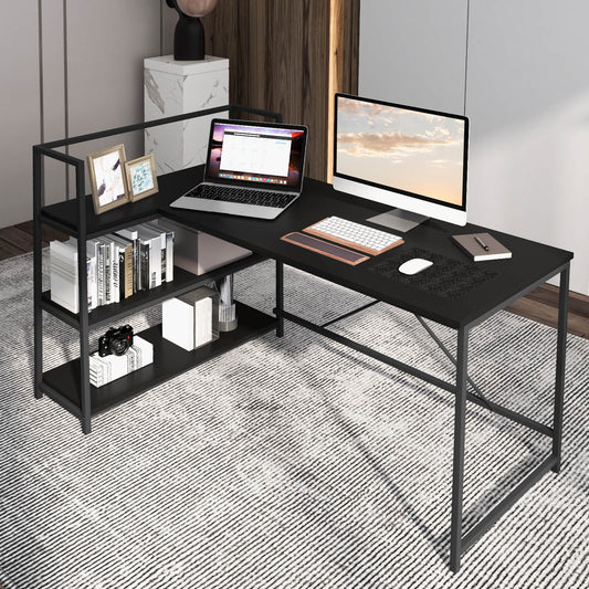 Reversible L Shaped Computer Corner Workstation with 3-Tier Open Shelf, Black - Gallery Canada