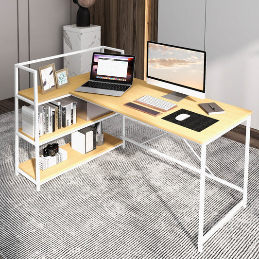 Reversible L Shaped Computer Corner Workstation with 3-Tier Open Shelf, Natural - Gallery Canada