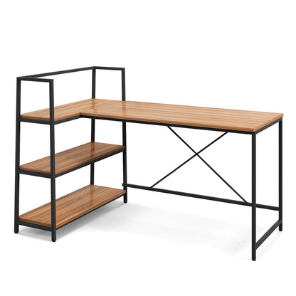 Bureau d'angle en L réversible avec étagère à 3 niveaux, noyer