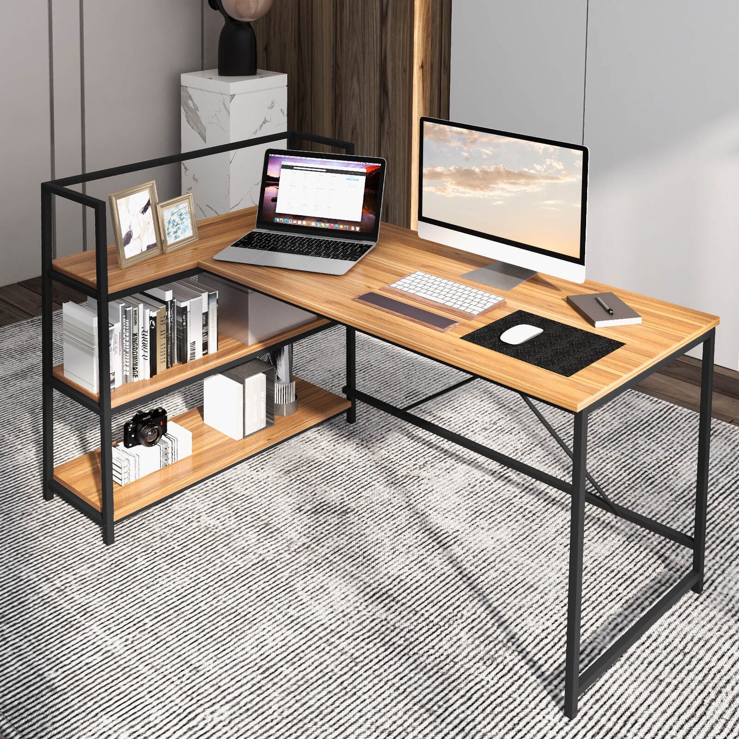 Bureau d'angle en L réversible avec étagère à 3 niveaux, noyer