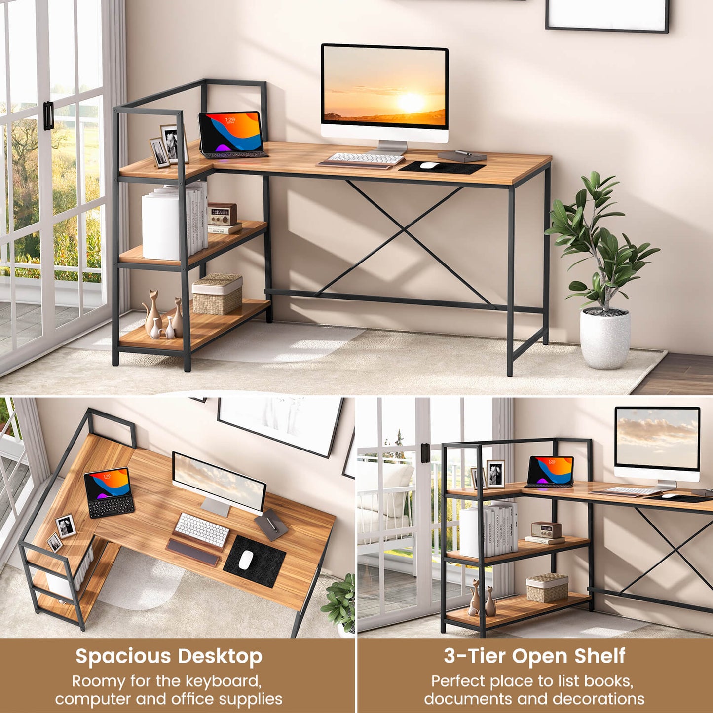 Bureau d'angle en L réversible avec étagère à 3 niveaux, noyer
