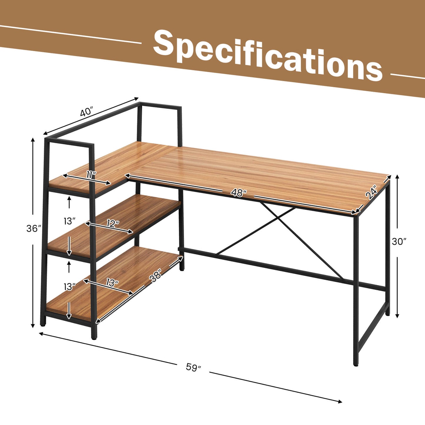 Bureau d'angle en L réversible avec étagère à 3 niveaux, noyer
