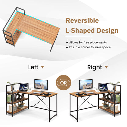 Bureau d'angle en L réversible avec étagère à 3 niveaux, noyer