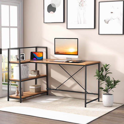 Bureau d'angle en L réversible avec étagère à 3 niveaux, noyer
