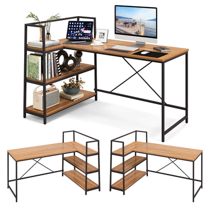 Bureau d'angle en L réversible avec étagère à 3 niveaux, noyer