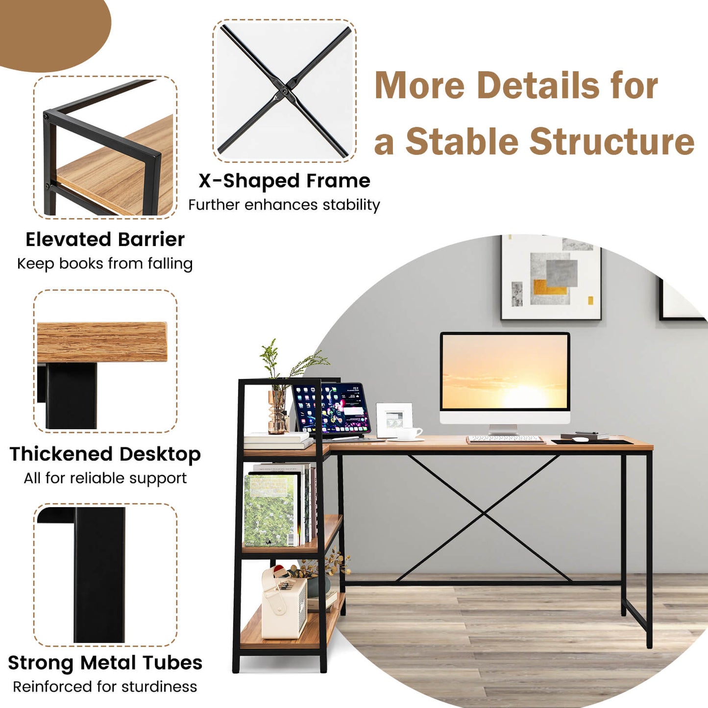 Bureau d'angle en L réversible avec étagère à 3 niveaux, noyer