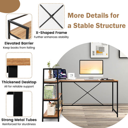 Bureau d'angle en L réversible avec étagère à 3 niveaux, noyer