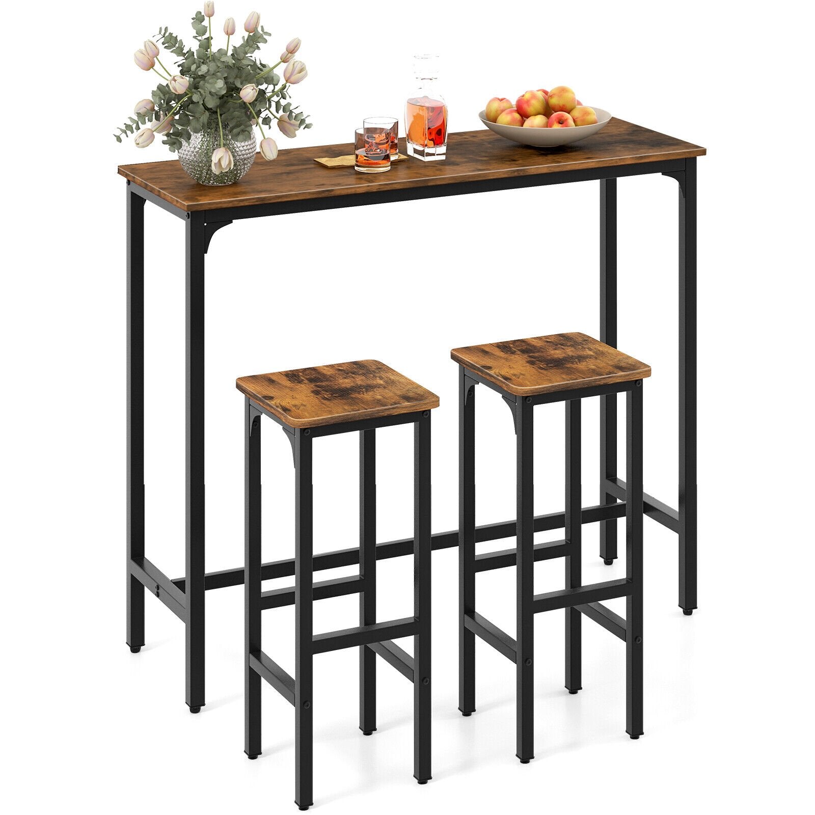 3 Pieces Industrial Bar Table and Chairs Set with Metal Frame, Rustic Brown - Gallery Canada