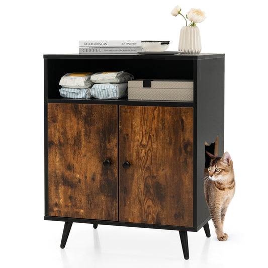Industrial Cat Litter Box Enclosure with Entry and Open Compartment, Rustic Brown - Gallery Canada
