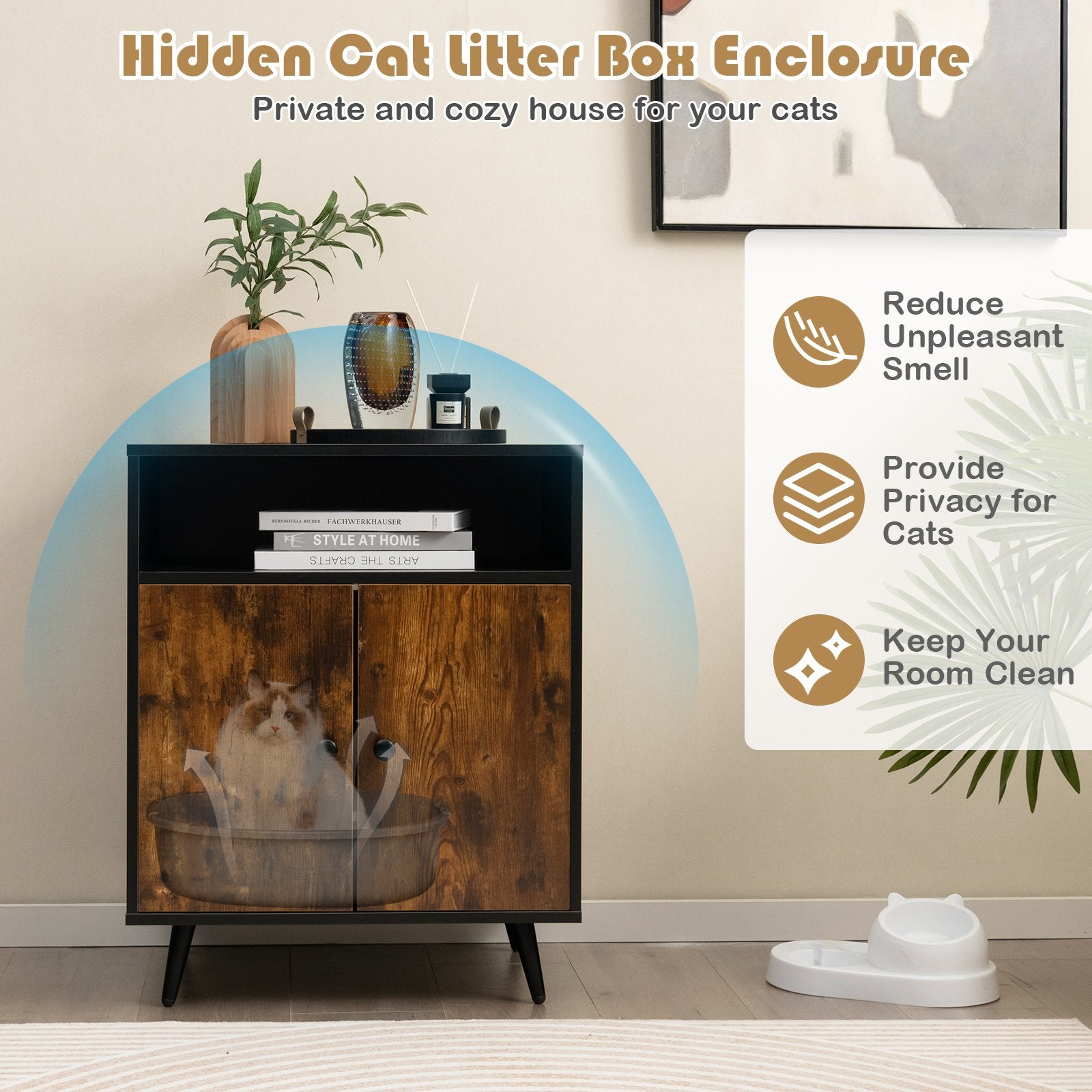 Industrial Cat Litter Box Enclosure with Entry and Open Compartment, Rustic Brown at Gallery Canada