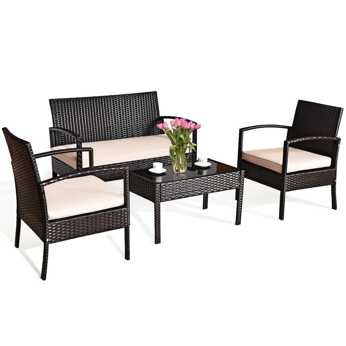 4 Pieces Patio Ratten Conversation Set with Loveseat Sofas and Coffee Table, Multicolor Patio Conversation Sets black at Gallery Canada