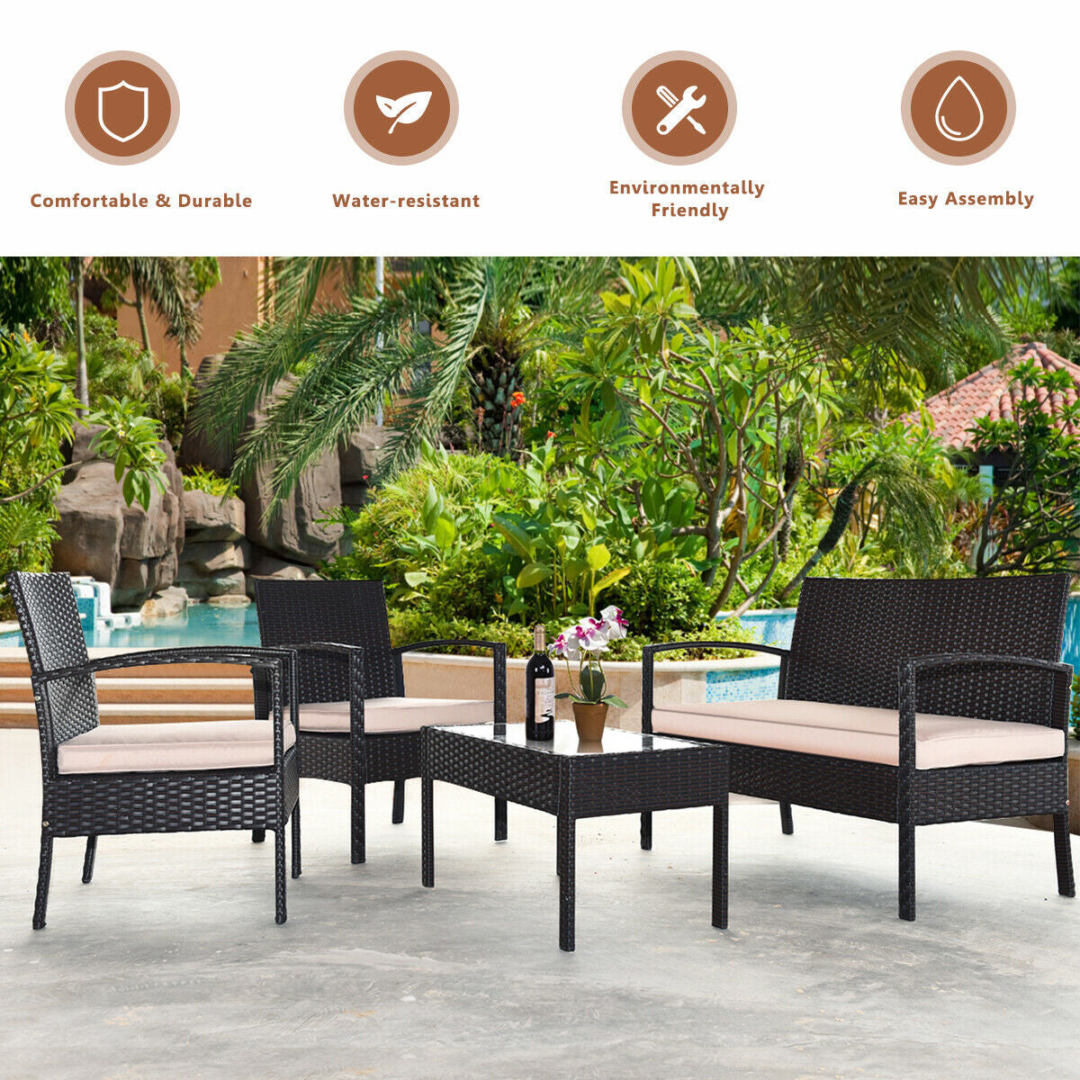 4 Pieces Patio Ratten Conversation Set with Loveseat Sofas and Coffee Table, Multicolor Patio Conversation Sets at Gallery Canada