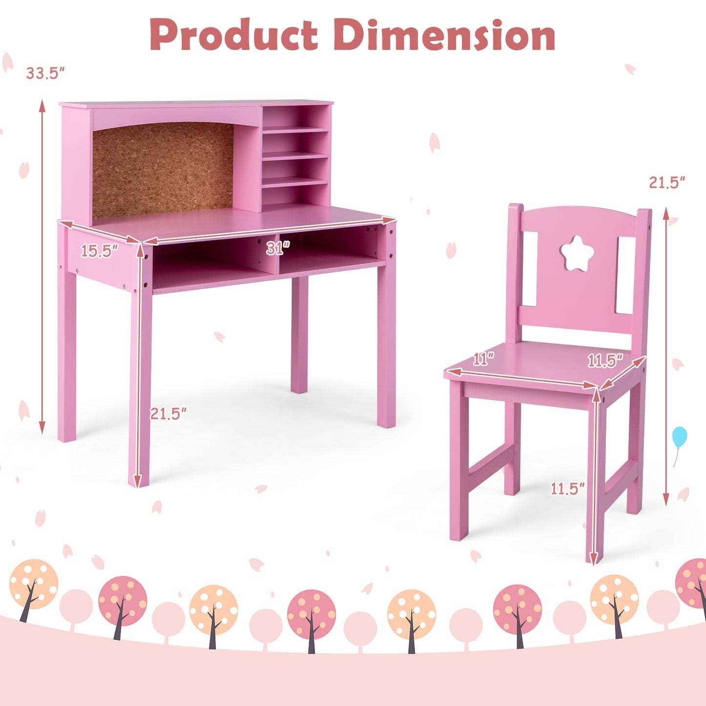 Kids Desk and Chair Set with Hutch and Bulletin Board for 3+ Kids, Pink Kids Table & Chair Sets at Gallery Canada