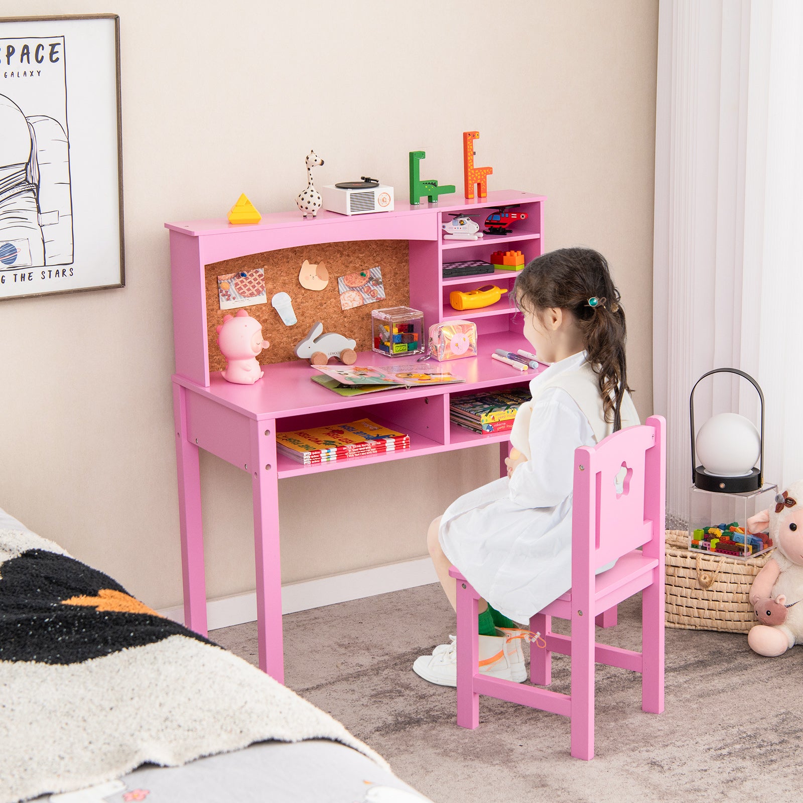 Kids Desk and Chair Set with Hutch and Bulletin Board for 3+ Kids, Pink Kids Table & Chair Sets at Gallery Canada
