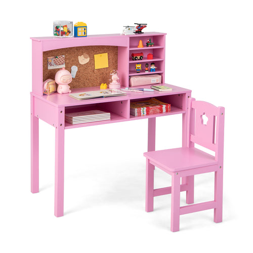 Kids Desk Chair Set With Hutch Bulletin Board, Pink