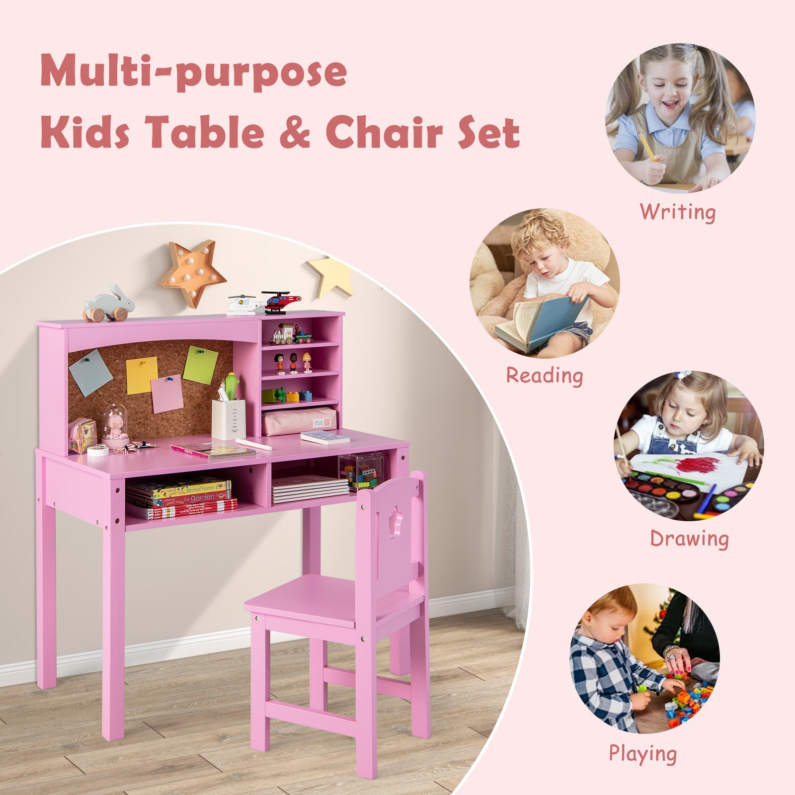 Kids Desk and Chair Set with Hutch and Bulletin Board for 3+ Kids, Pink Kids Table & Chair Sets at Gallery Canada