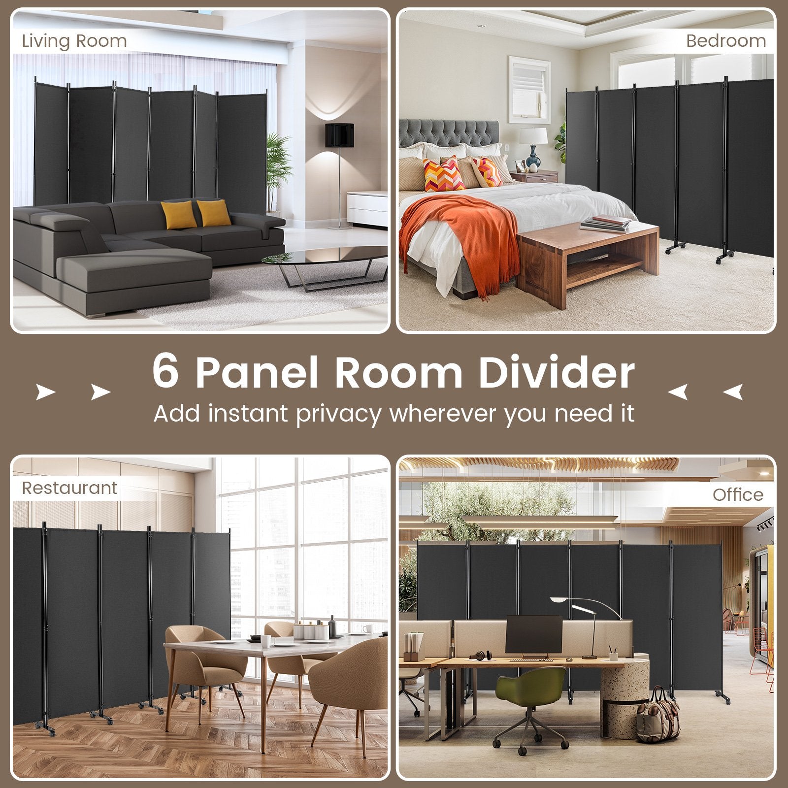 6 Panel 5.7 Feet Tall Rolling Room Divider on Wheels, Gray - Gallery Canada