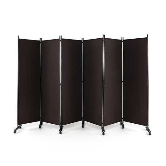6 Panel 5.7 Feet Tall Rolling Room Divider on Wheels, Brown