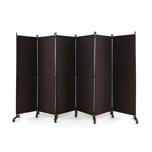 6 Panel 5.7 Feet Tall Rolling Room Divider on Wheels, Brown Room Dividers Brown at Gallery Canada