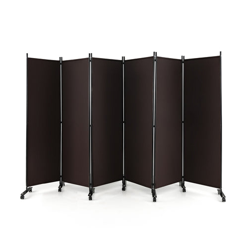 6 Panel 5.7 Feet Tall Rolling Room Divider on Wheels, Brown