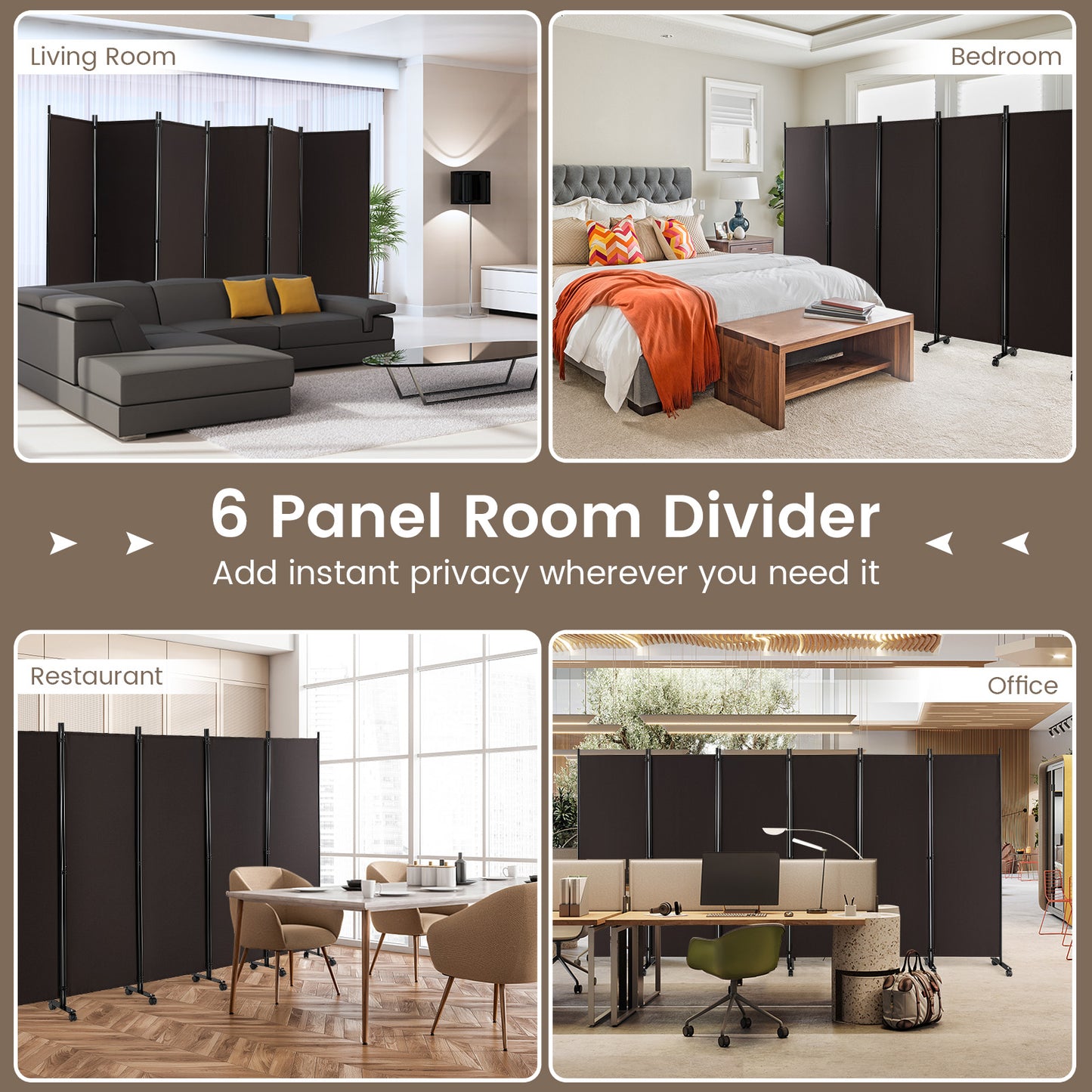 6 Panel 5.7 Feet Tall Rolling Room Divider on Wheels, Brown Room Dividers at Gallery Canada