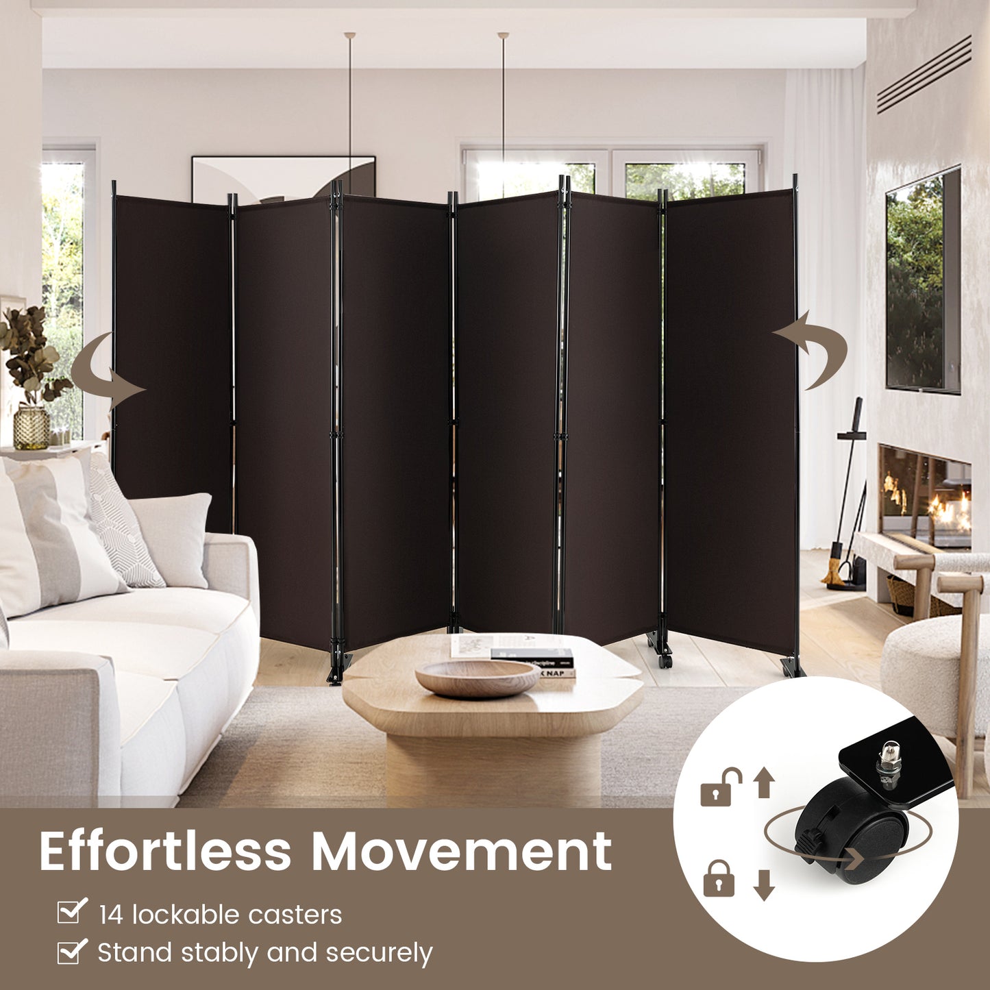 6 Panel 5.7 Feet Tall Rolling Room Divider on Wheels, Brown Room Dividers at Gallery Canada