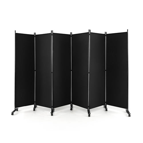 6 Panel 5.7 Feet Tall Rolling Room Divider on Wheels, Black